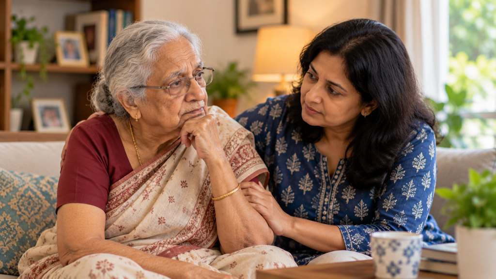 An elderly Indian woman discussing memory concerns with her daughter in a warm home setting.