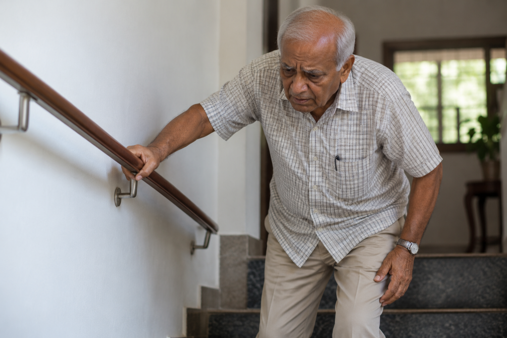 Elderly man gripping a staircase handrail anxiously because he fears falling.